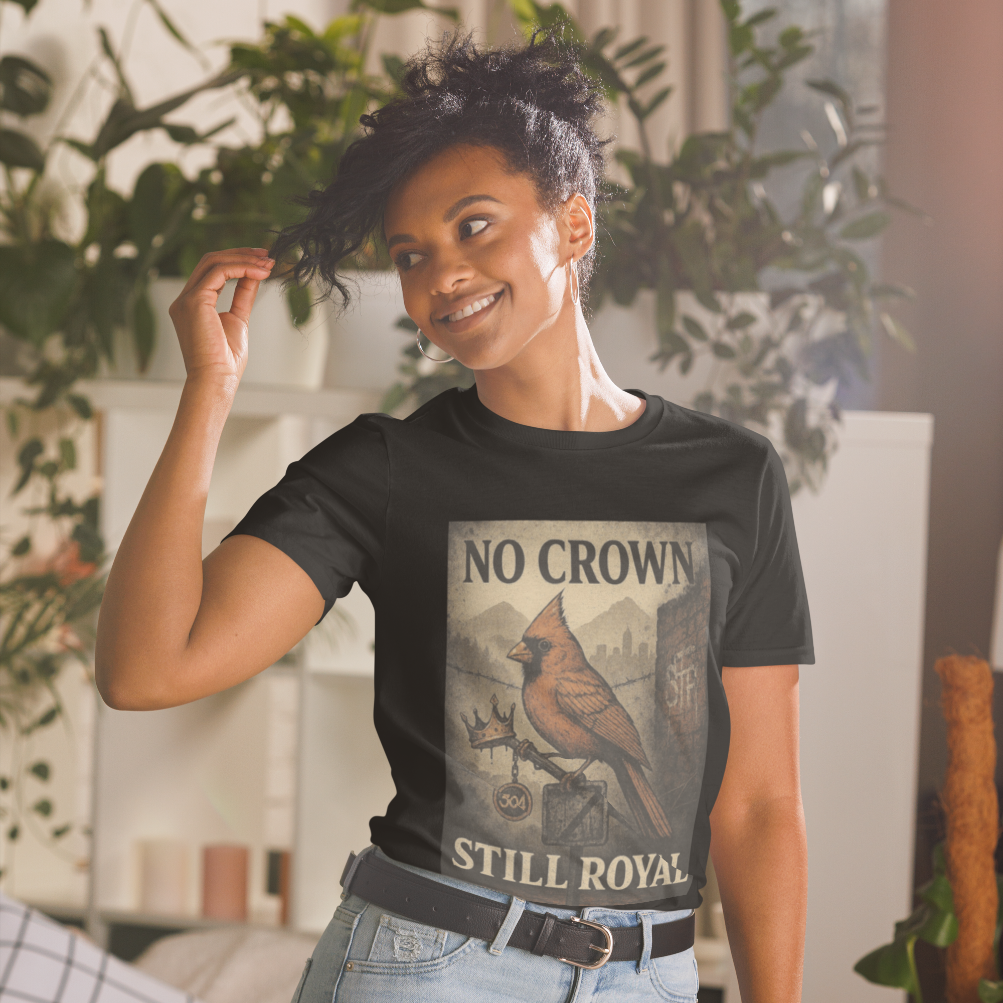 No Crown, Still Royal (Cardinal Bird) – Black Pride Cotton T-Shirt, Cardinal Graphic Streetwear for Men and Women, Urban 304 Culture Resilience Tee