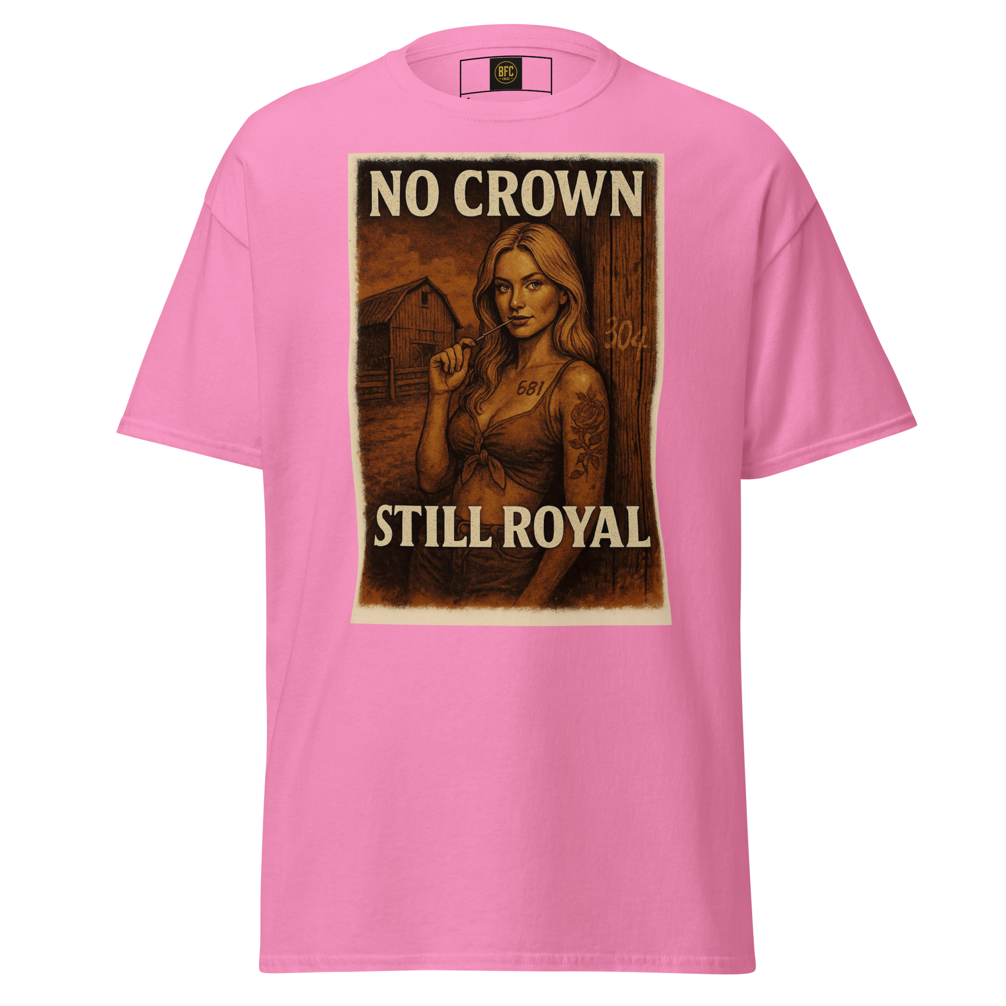No Crown, Still Royal (Tattooed Woman) – Cotton Graphic T-Shirt for Women, Vintage Design with Bold Empowerment Message, Rustic Aesthetic Apparel for Confident Style