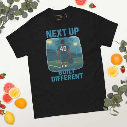 Next Up: Built Different – Cotton Football T-Shirt for Youth Athletes, Game Day Mindset Tee with Stadium Lights Design and Capital High School Shirt West Virginia