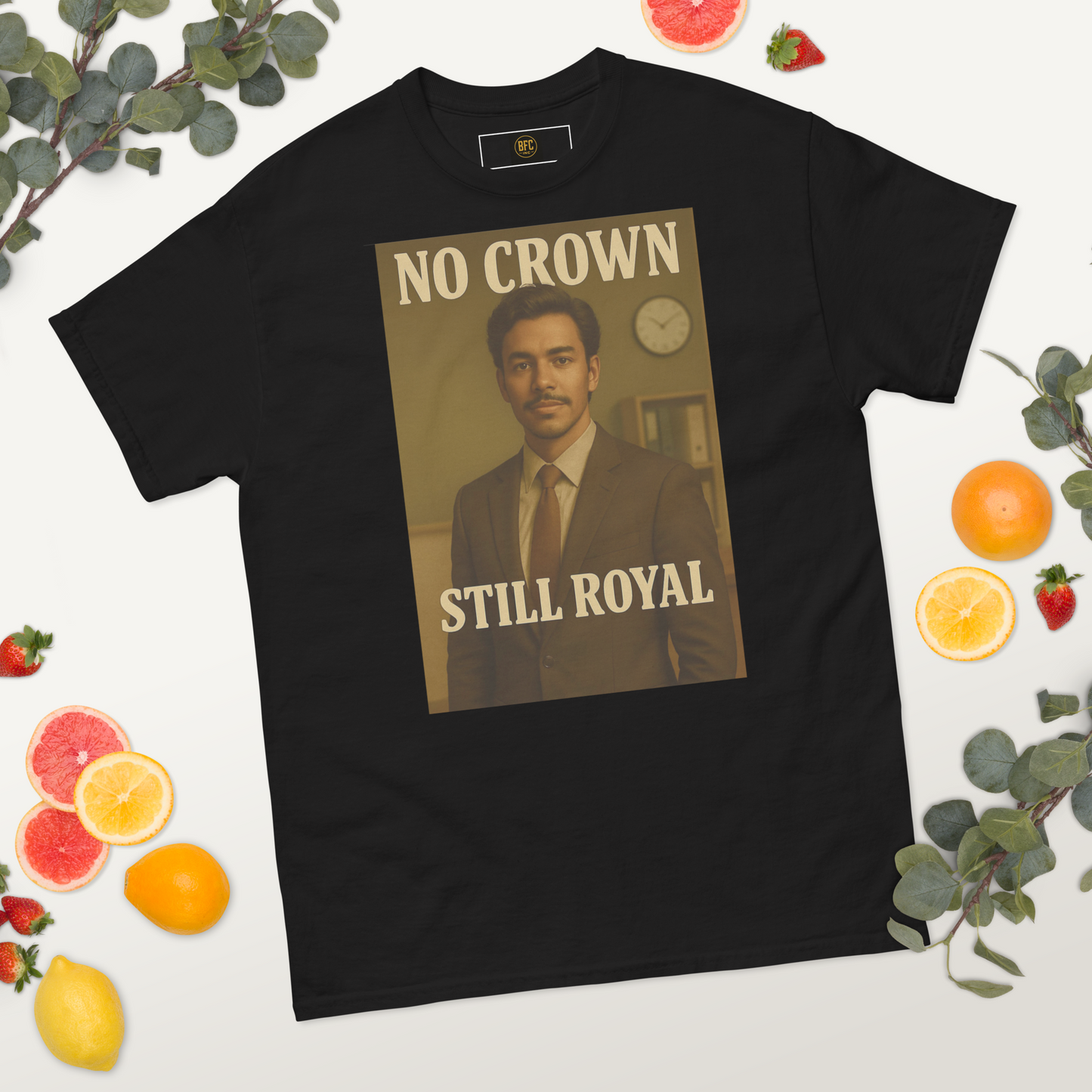 No Crown, Still Royal (Businessman) – Cotton Graphic T-Shirt for Men, Vintage Portrait Tee with Sepia Tone, Modern Gentleman Style and Inspirational Ambition Design