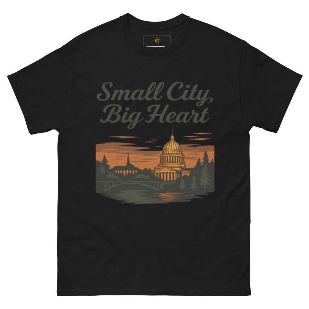 Small City, Big Hearts – Charleston West Virginia Cotton Shirt for Locals, Appalachian Skyline Graphic Tee, Hometown Pride Apparel for Men and Women