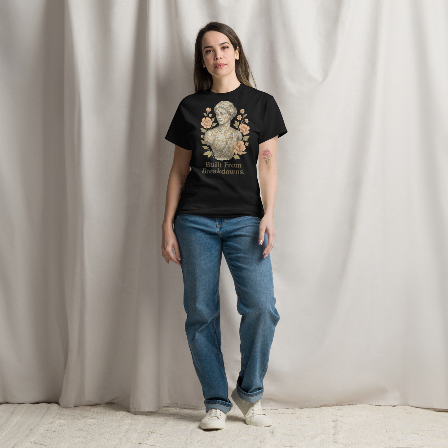 Built From Breakdowns – Cotton Empowerment T-Shirt for Women, Kintsugi-Inspired Graphic with Floral Design, Mental Health Recovery Apparel Celebrating Resilience and Inner Strength