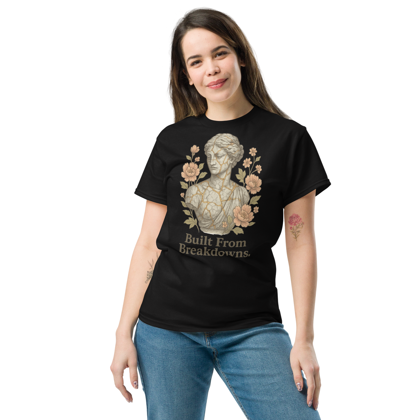 Built From Breakdowns – Cotton Empowerment T-Shirt for Women, Kintsugi-Inspired Graphic with Floral Design, Mental Health Recovery Apparel Celebrating Resilience and Inner Strength