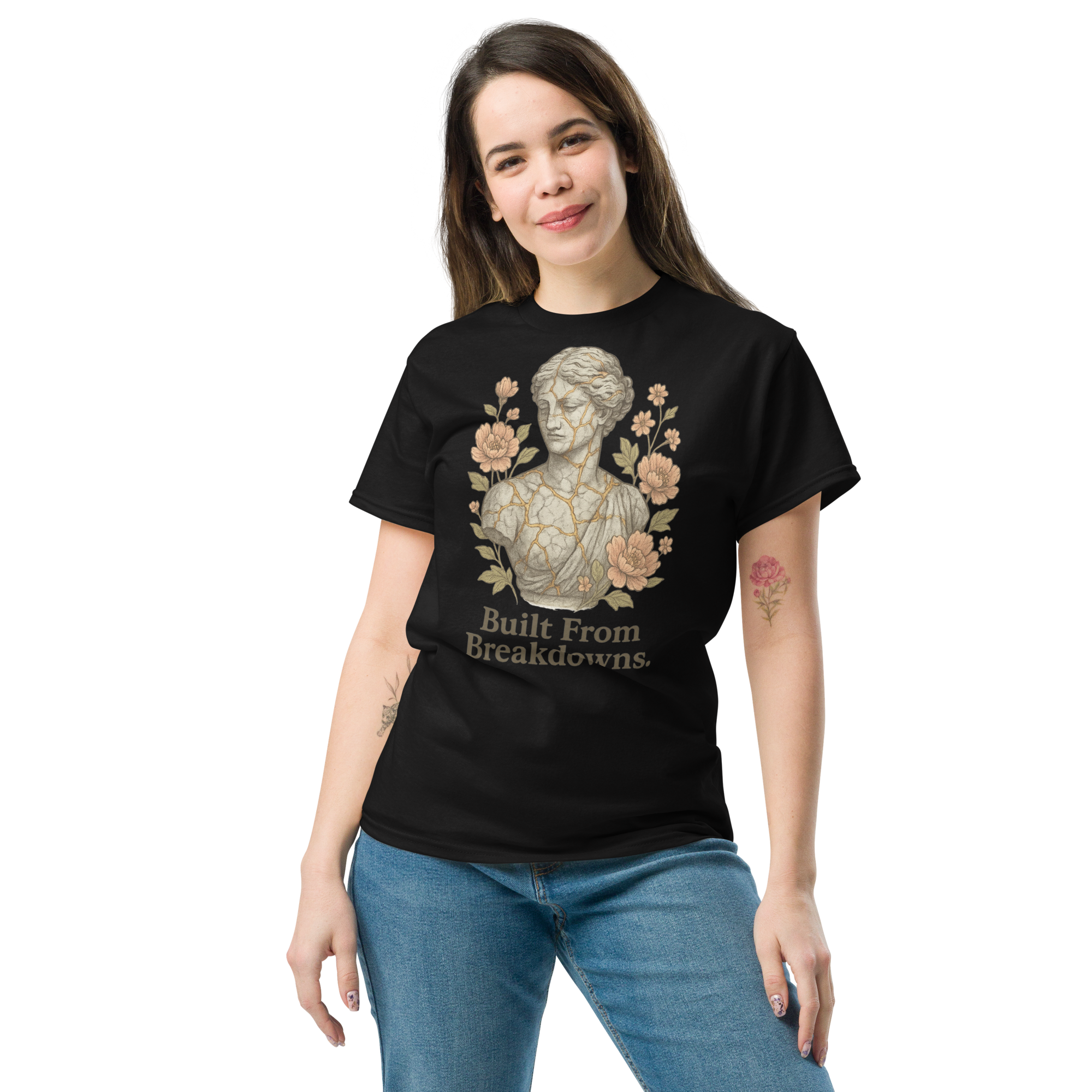 Built From Breakdowns – Cotton Empowerment T-Shirt for Women, Kintsugi-Inspired Graphic with Floral Design, Mental Health Recovery Apparel Celebrating Resilience and Inner Strength