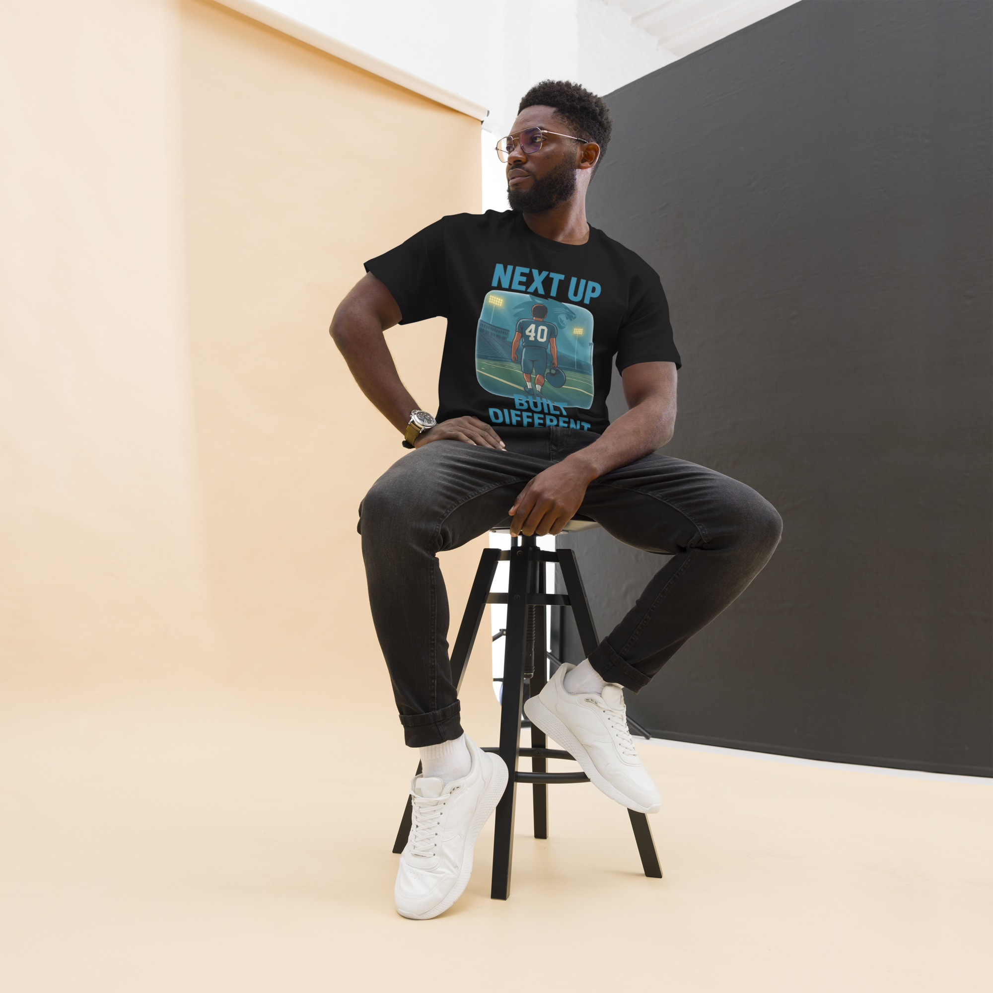 Next Up: Built Different – Cotton Football T-Shirt for Youth Athletes, Game Day Mindset Tee with Stadium Lights Design and Capital High School Shirt West Virginia