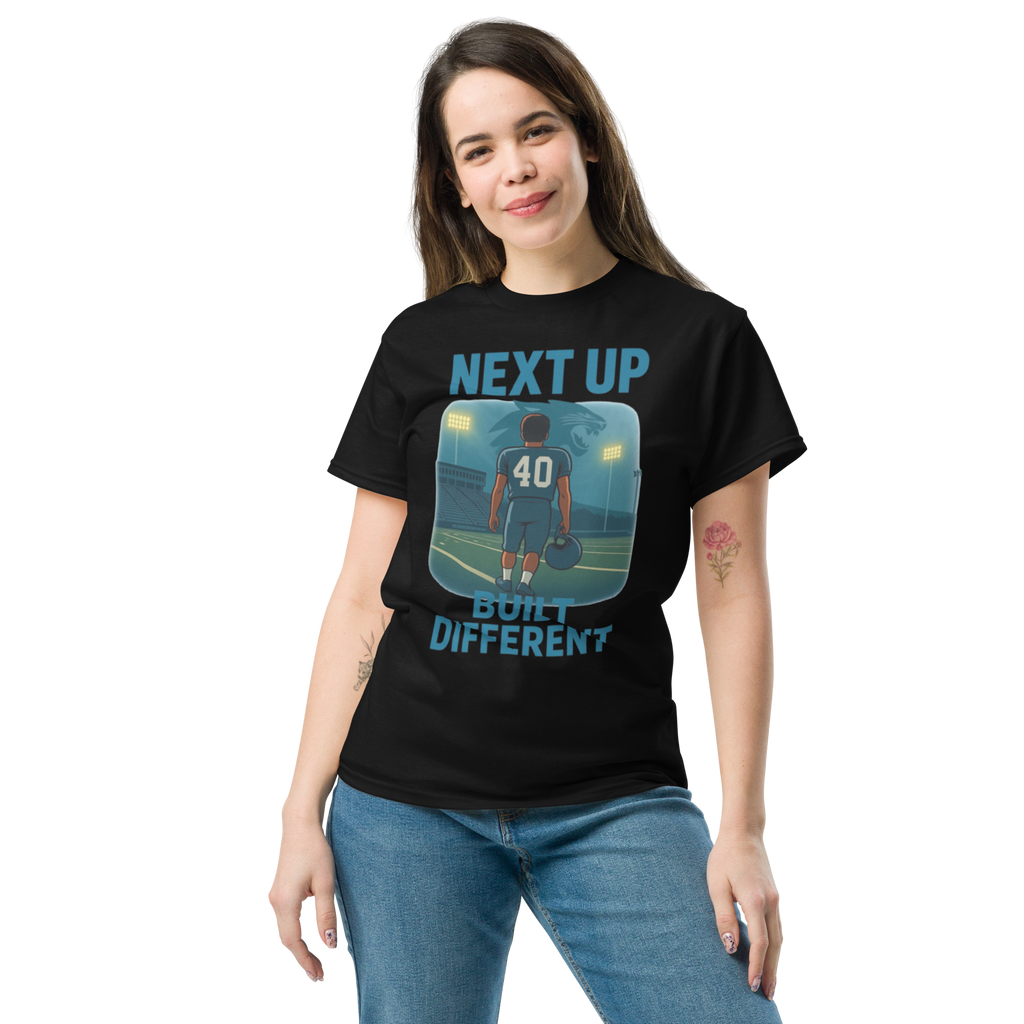 Next Up: Built Different – Cotton Football T-Shirt for Youth Athletes, Game Day Mindset Tee with Stadium Lights Design and Capital High School Shirt West Virginia