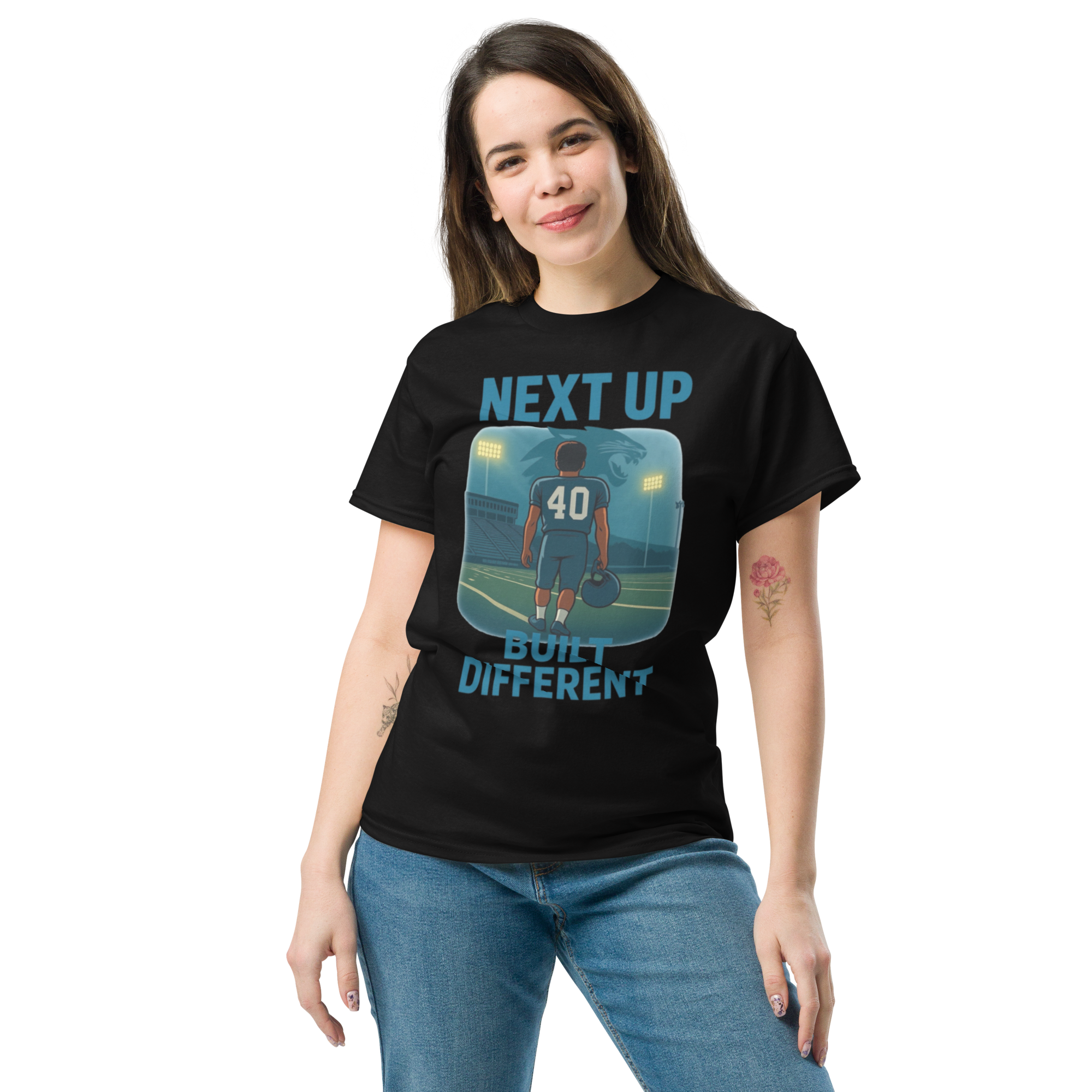 Next Up: Built Different – Cotton Football T-Shirt for Youth Athletes, Game Day Mindset Tee with Stadium Lights Design and Capital High School Shirt West Virginia