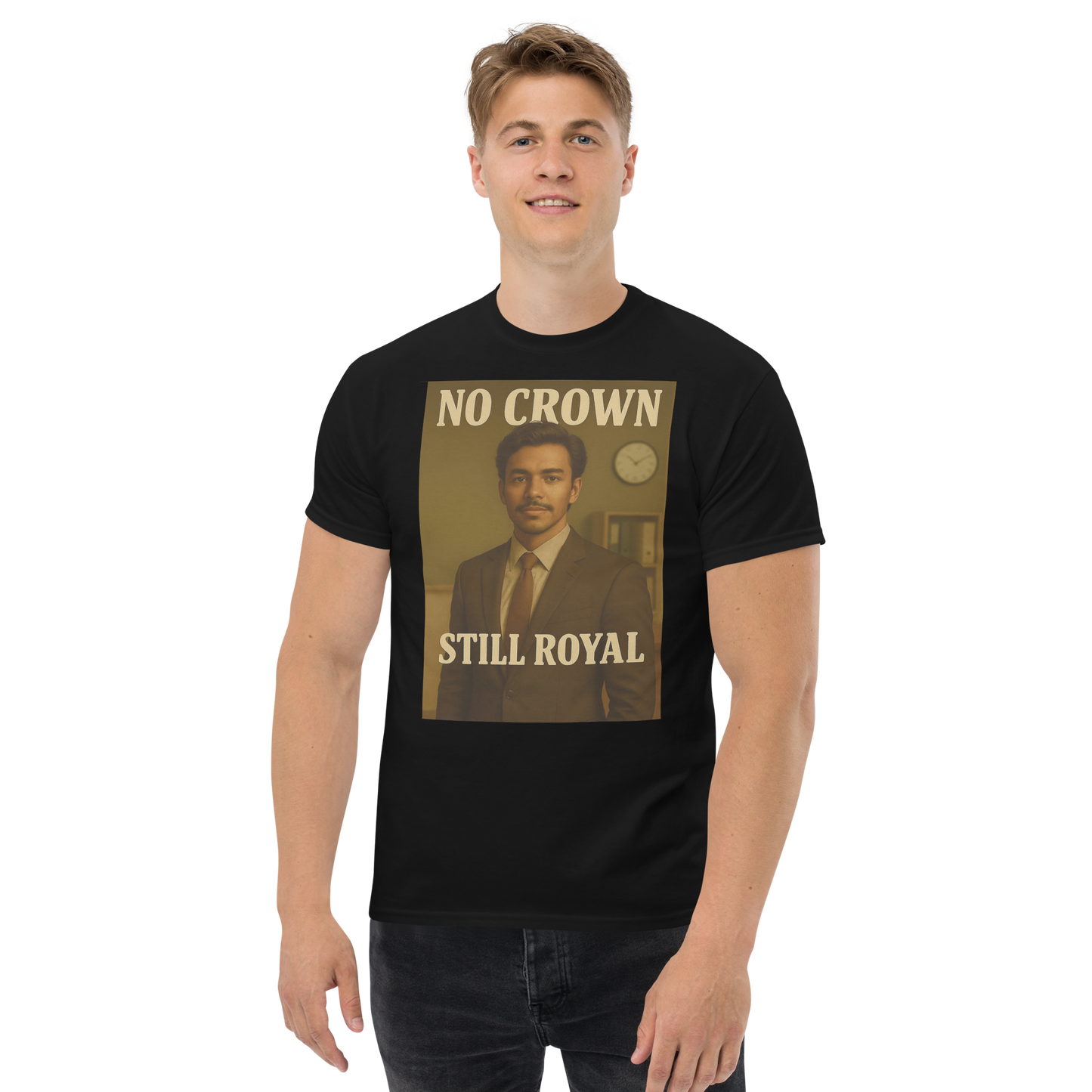 No Crown, Still Royal (Businessman) – Cotton Graphic T-Shirt for Men, Vintage Portrait Tee with Sepia Tone, Modern Gentleman Style and Inspirational Ambition Design