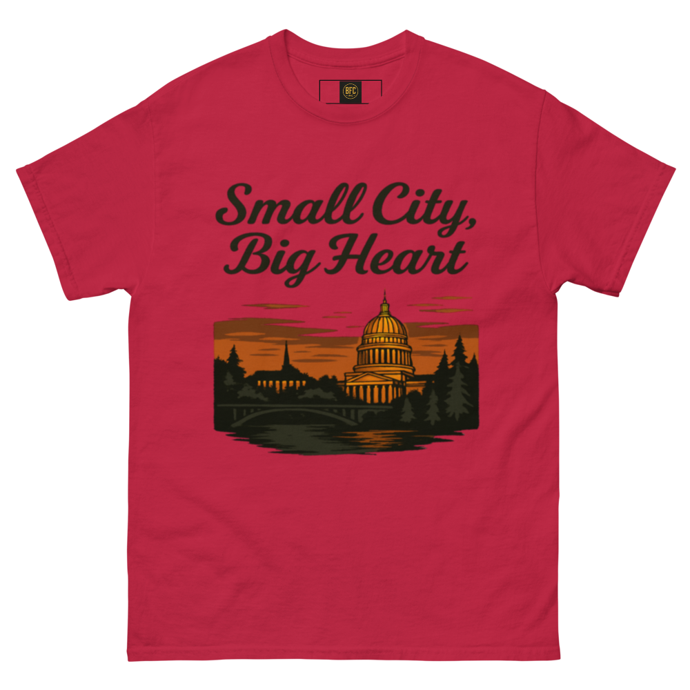 Small City, Big Hearts – Charleston West Virginia Cotton Shirt for Locals, Appalachian Skyline Graphic Tee, Hometown Pride Apparel for Men and Women