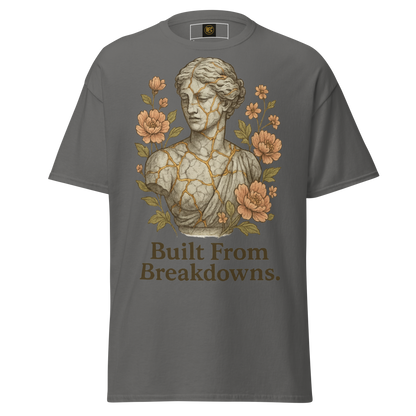 Built From Breakdowns – Cotton Empowerment T-Shirt for Women, Kintsugi-Inspired Graphic with Floral Design, Mental Health Recovery Apparel Celebrating Resilience and Inner Strength