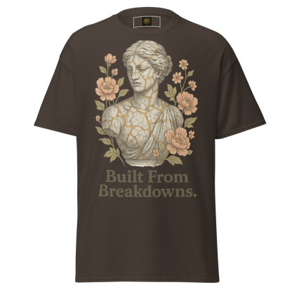 Built From Breakdowns – Cotton Empowerment T-Shirt for Women, Kintsugi-Inspired Graphic with Floral Design, Mental Health Recovery Apparel Celebrating Resilience and Inner Strength