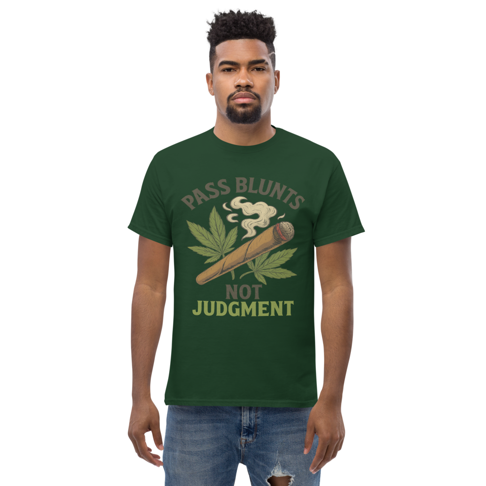 Pass Blunts, Not Judgement – Bold Cotton Cannabis Lifestyle Shirt, 420 Streetwear Graphic Tee, Weed Advocacy Urban Apparel with Stoner Humor