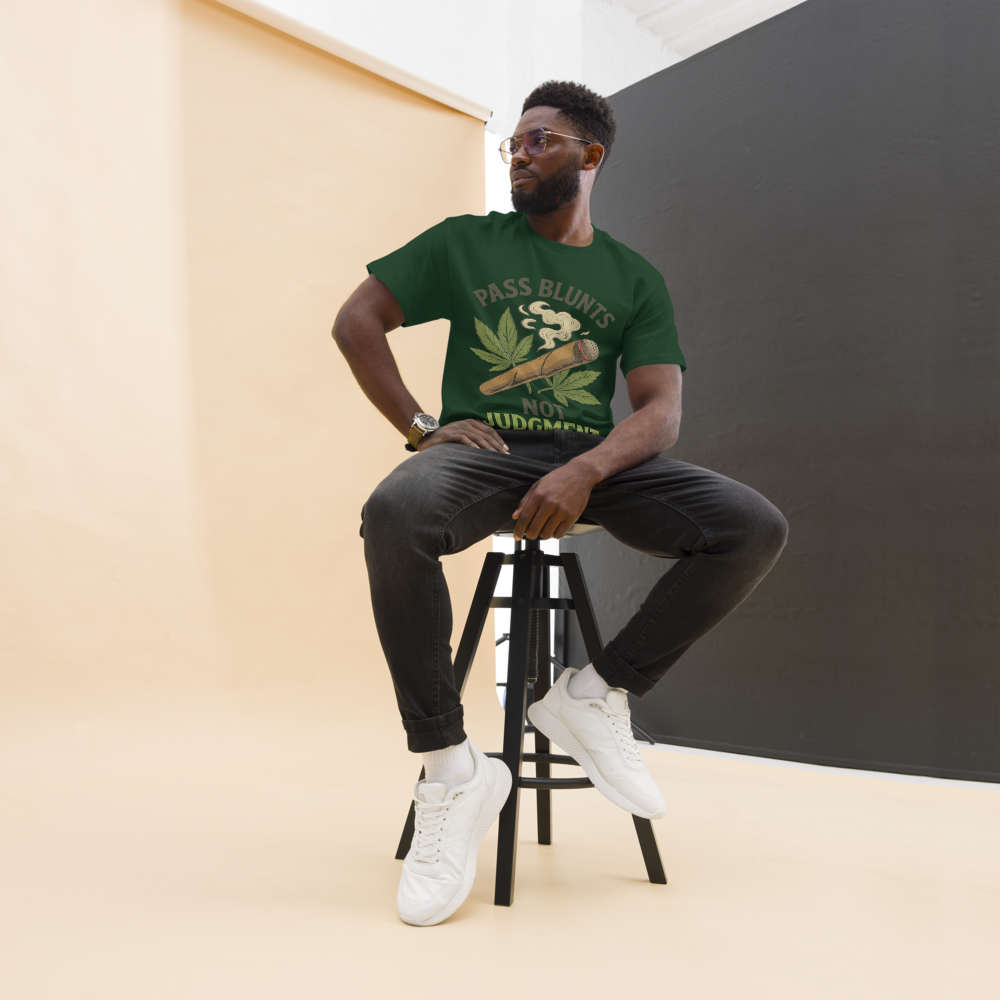 Pass Blunts, Not Judgement – Bold Cotton Cannabis Lifestyle Shirt, 420 Streetwear Graphic Tee, Weed Advocacy Urban Apparel with Stoner Humor