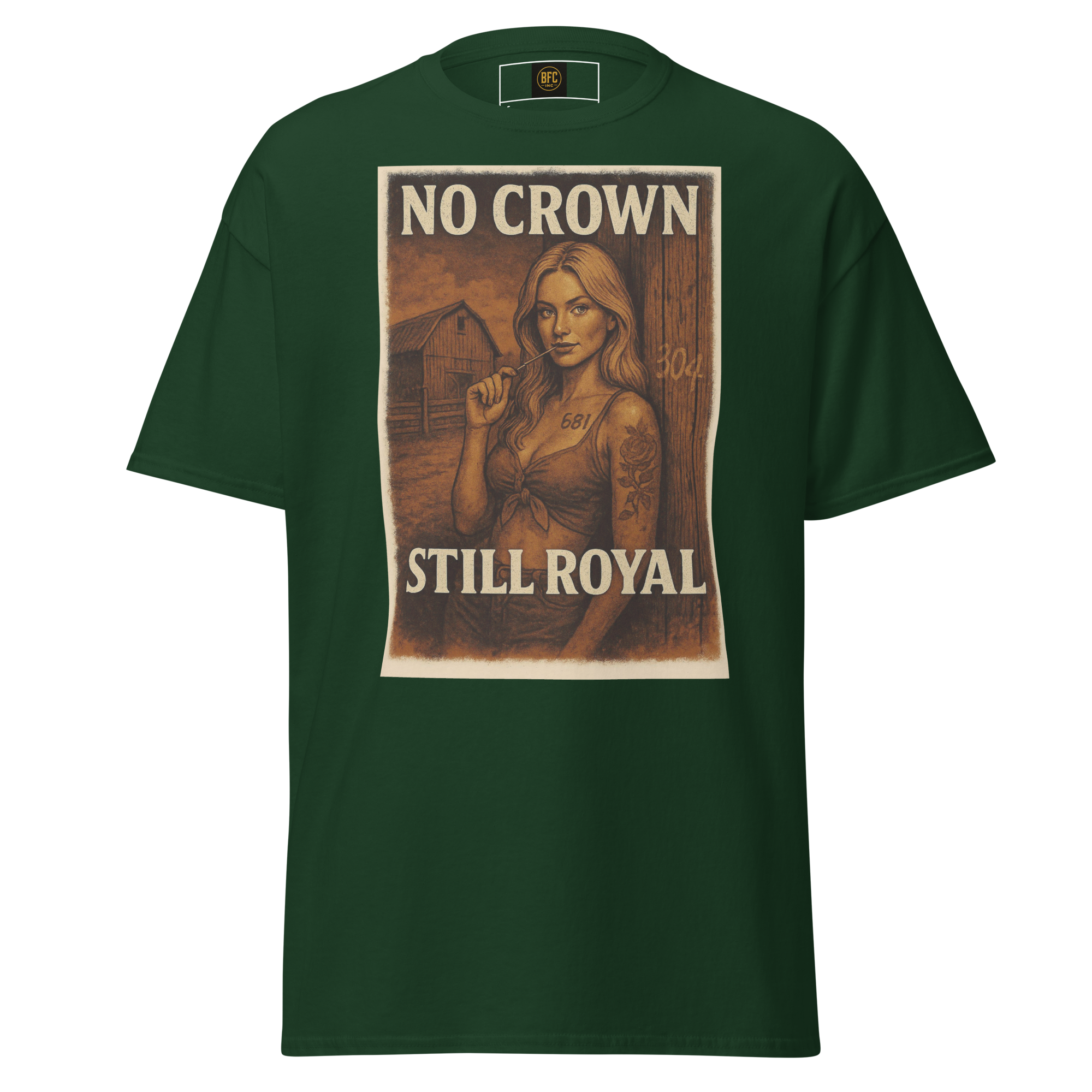 No Crown, Still Royal (Tattooed Woman) – Cotton Graphic T-Shirt for Women, Vintage Design with Bold Empowerment Message, Rustic Aesthetic Apparel for Confident Style