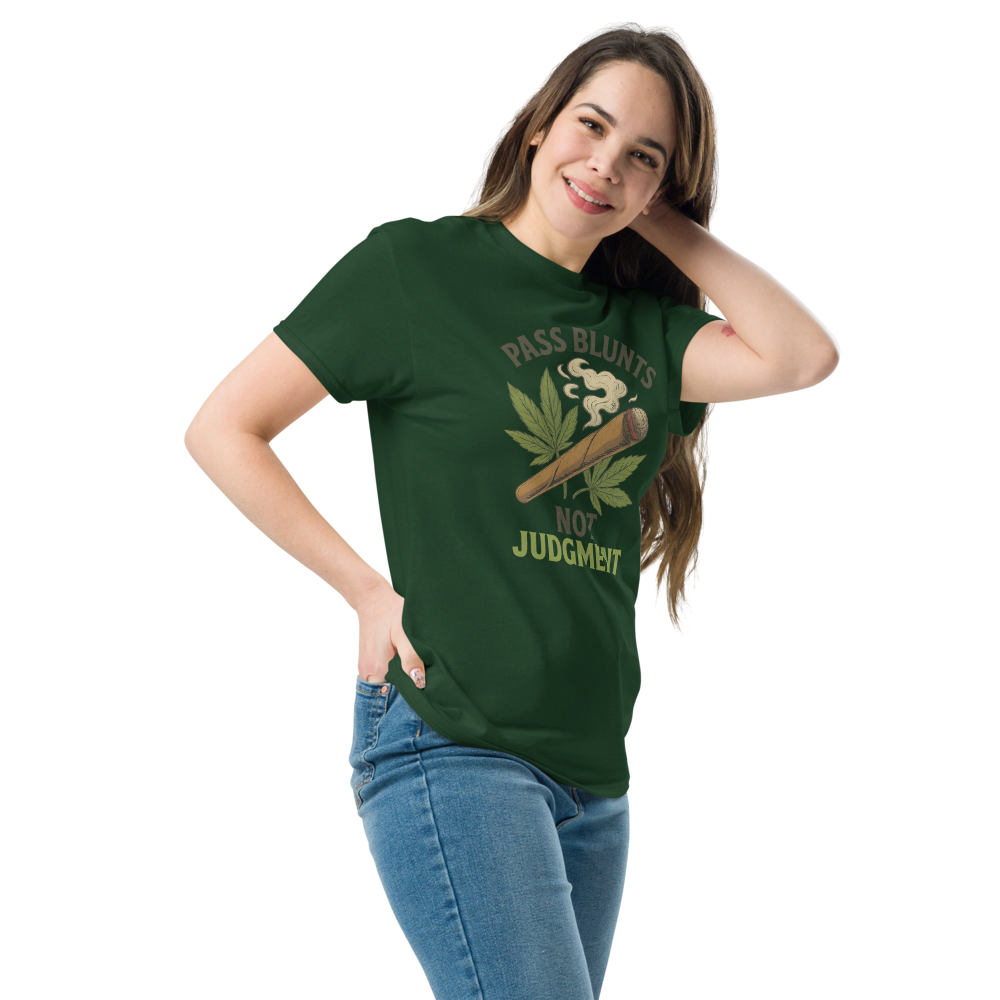 Pass Blunts, Not Judgement – Bold Cotton Cannabis Lifestyle Shirt, 420 Streetwear Graphic Tee, Weed Advocacy Urban Apparel with Stoner Humor