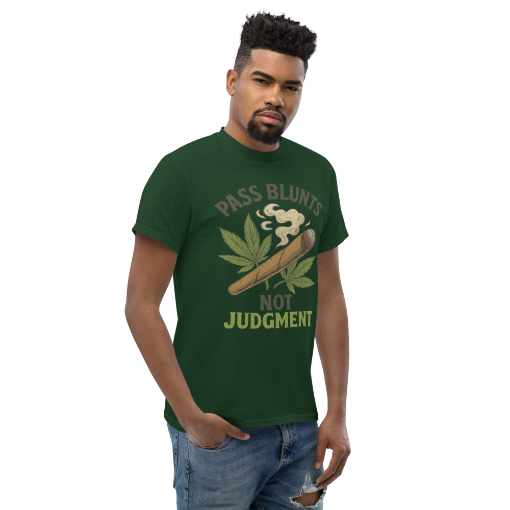 Pass Blunts, Not Judgement – Bold Cotton Cannabis Lifestyle Shirt, 420 Streetwear Graphic Tee, Weed Advocacy Urban Apparel with Stoner Humor