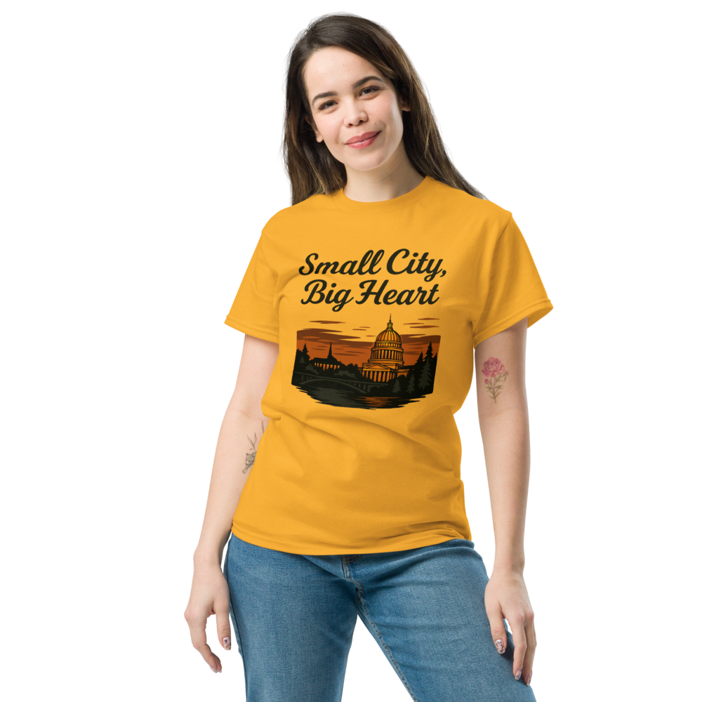 Small City, Big Hearts – Charleston West Virginia Cotton Shirt for Locals, Appalachian Skyline Graphic Tee, Hometown Pride Apparel for Men and Women