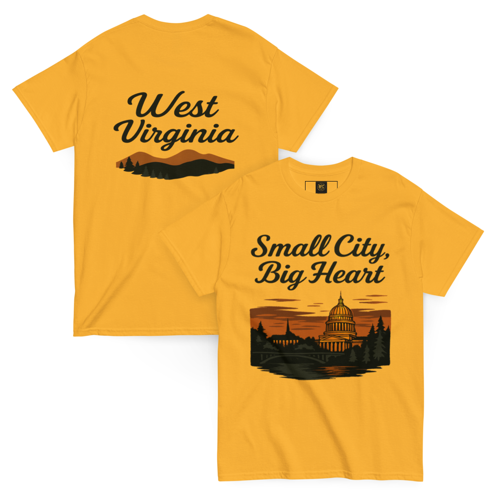Small City, Big Hearts – Charleston West Virginia Cotton Shirt for Locals, Appalachian Skyline Graphic Tee, Hometown Pride Apparel for Men and Women
