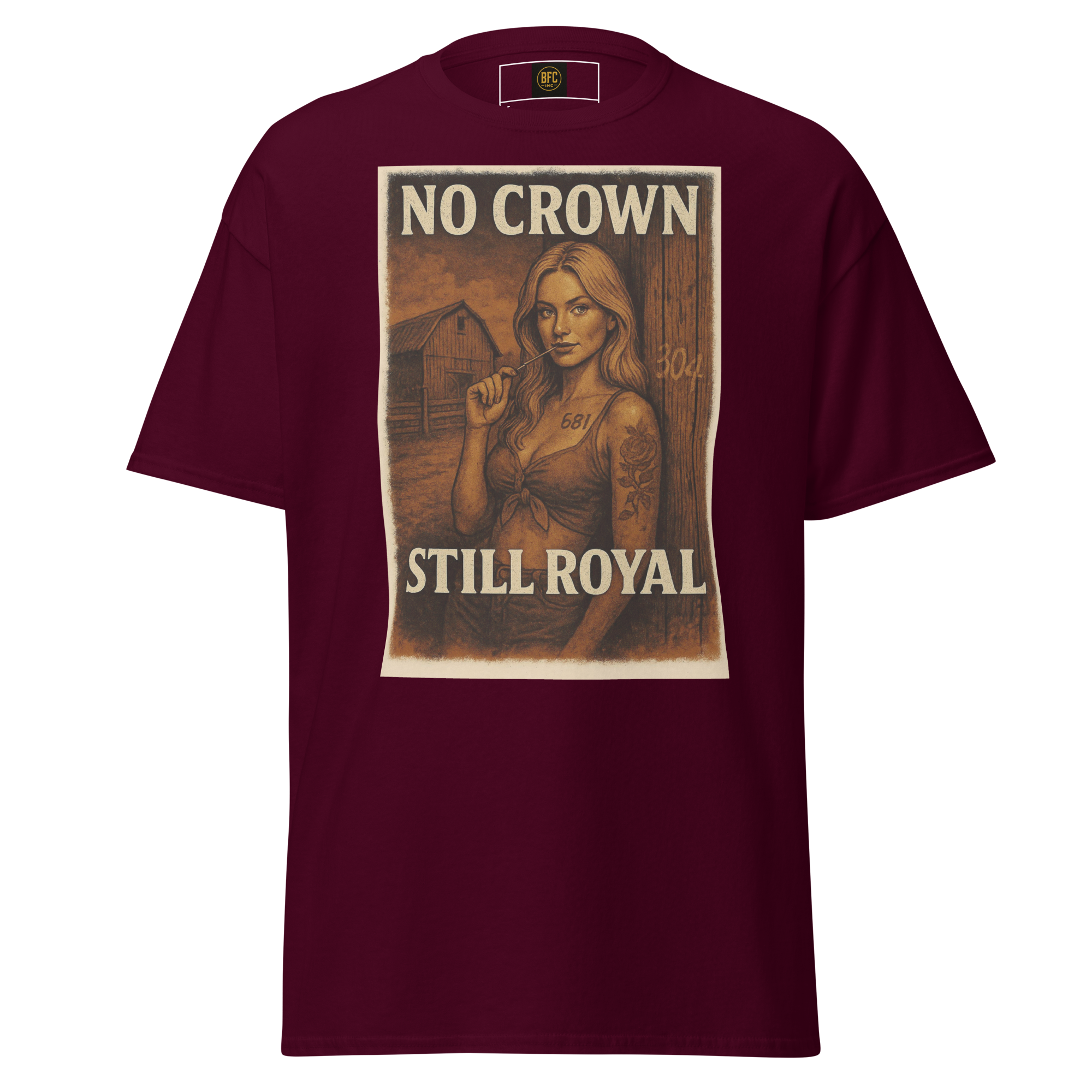 No Crown, Still Royal (Tattooed Woman) – Cotton Graphic T-Shirt for Women, Vintage Design with Bold Empowerment Message, Rustic Aesthetic Apparel for Confident Style