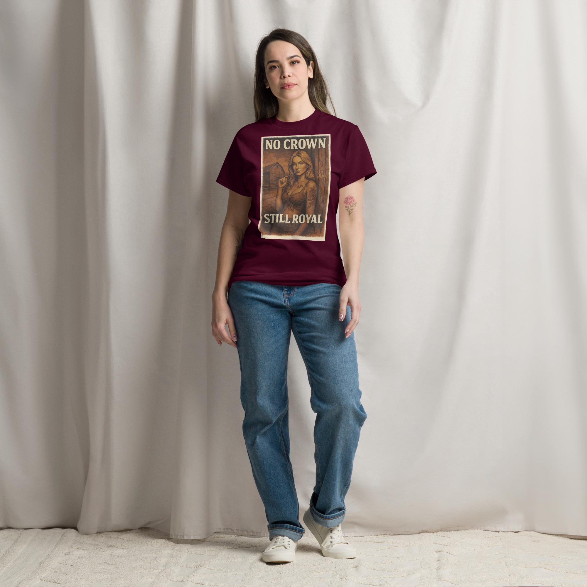 No Crown, Still Royal (Tattooed Woman) – Cotton Graphic T-Shirt for Women, Vintage Design with Bold Empowerment Message, Rustic Aesthetic Apparel for Confident Style