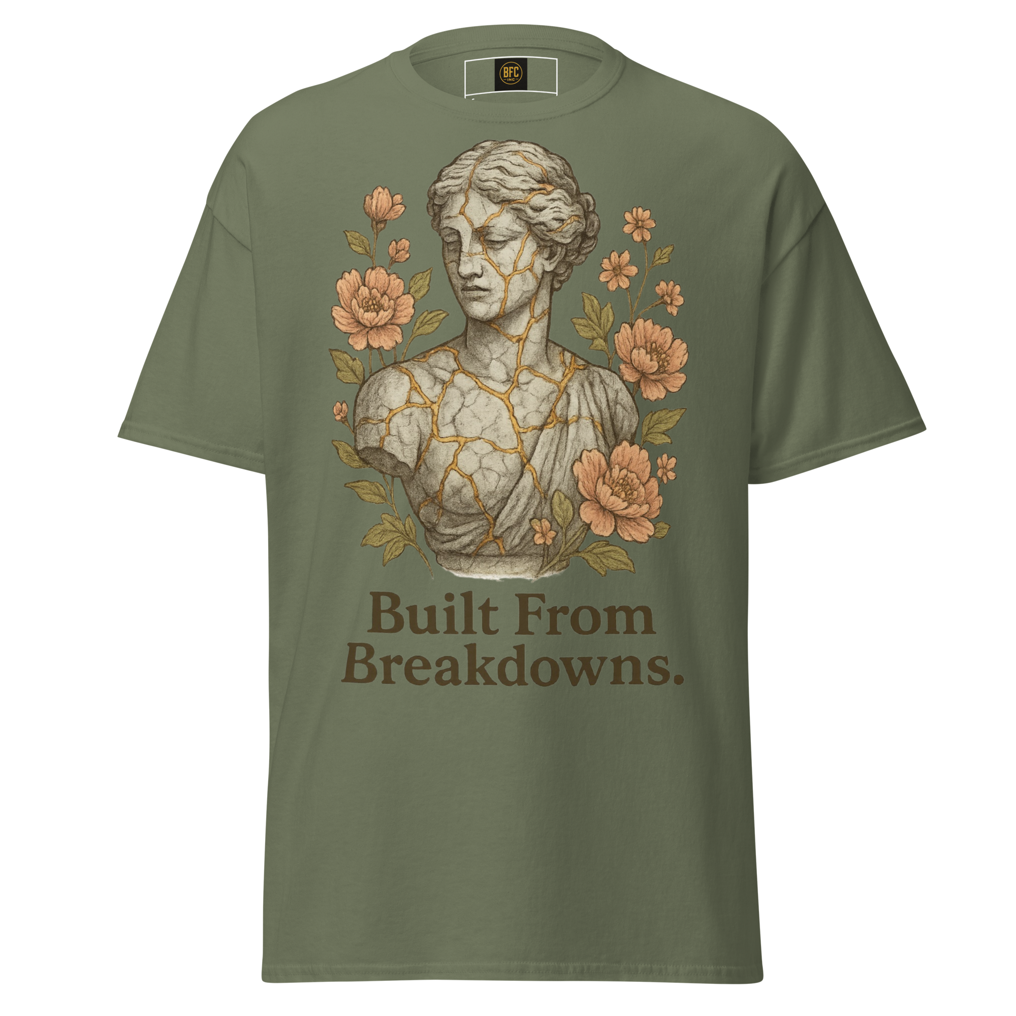 Built From Breakdowns – Cotton Empowerment T-Shirt for Women, Kintsugi-Inspired Graphic with Floral Design, Mental Health Recovery Apparel Celebrating Resilience and Inner Strength