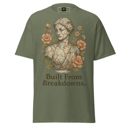 Built From Breakdowns – Cotton Empowerment T-Shirt for Women, Kintsugi-Inspired Graphic with Floral Design, Mental Health Recovery Apparel Celebrating Resilience and Inner Strength