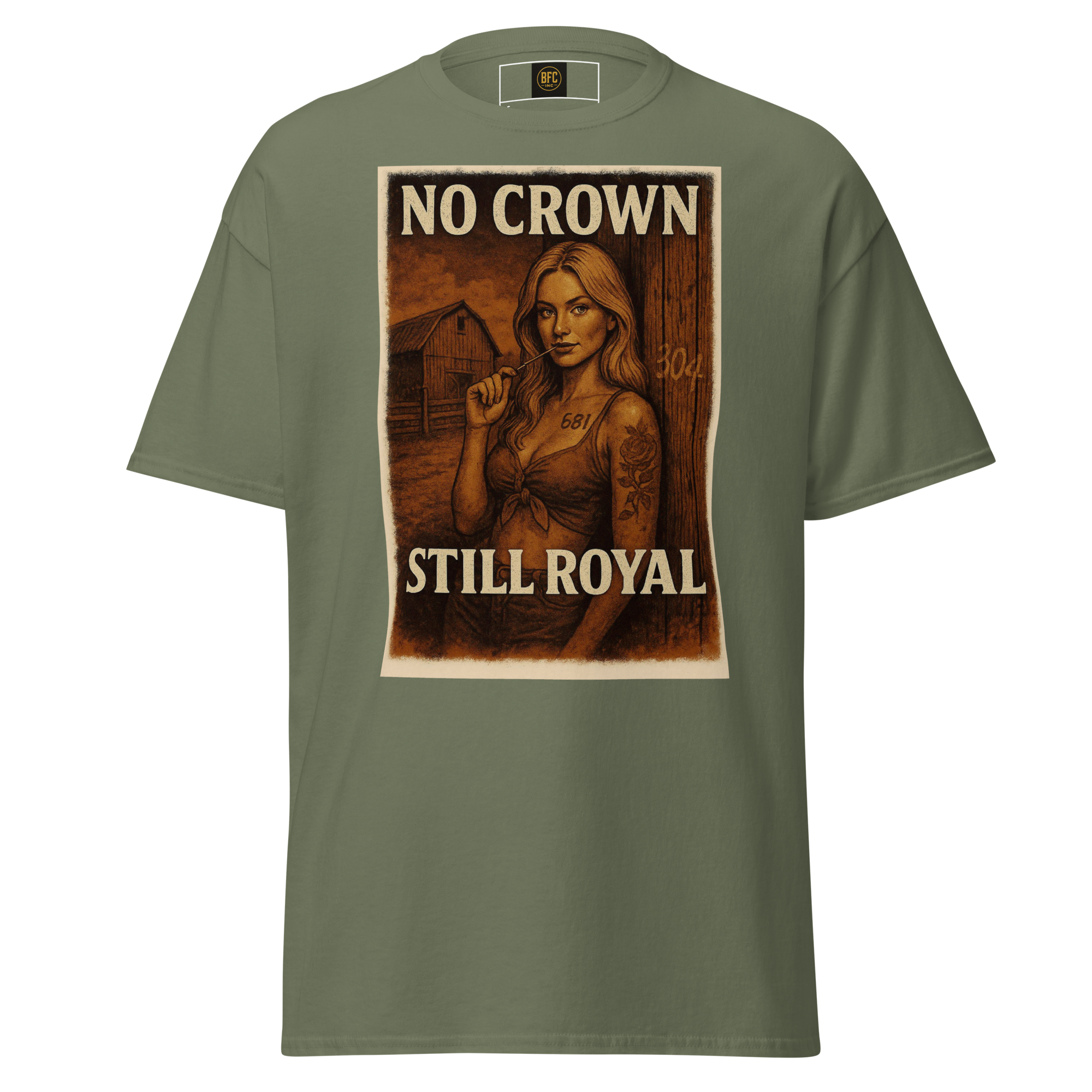 No Crown, Still Royal (Tattooed Woman) – Cotton Graphic T-Shirt for Women, Vintage Design with Bold Empowerment Message, Rustic Aesthetic Apparel for Confident Style
