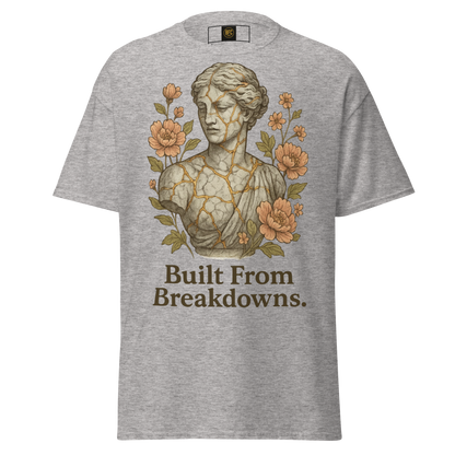 Built From Breakdowns – Cotton Empowerment T-Shirt for Women, Kintsugi-Inspired Graphic with Floral Design, Mental Health Recovery Apparel Celebrating Resilience and Inner Strength