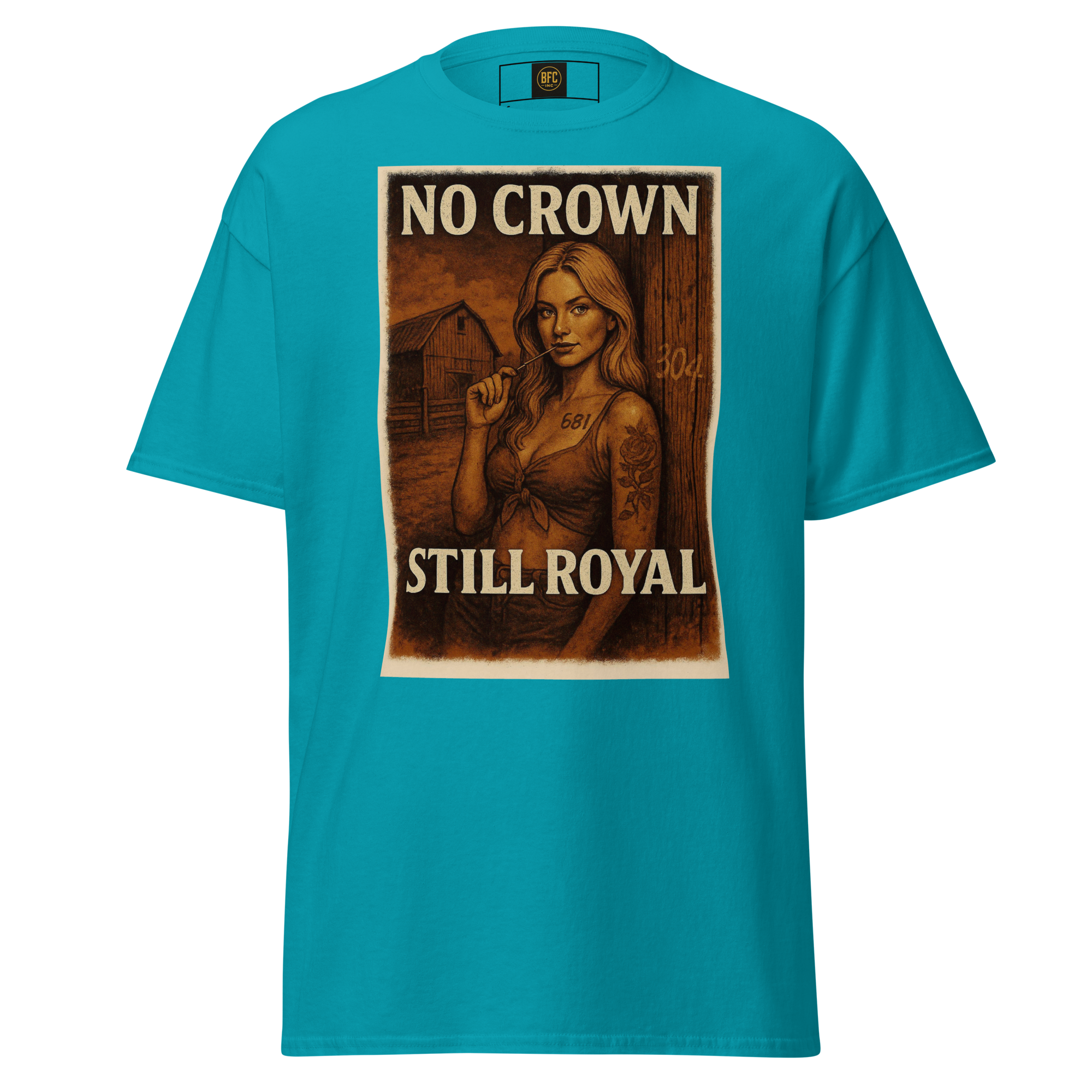No Crown, Still Royal (Tattooed Woman) – Cotton Graphic T-Shirt for Women, Vintage Design with Bold Empowerment Message, Rustic Aesthetic Apparel for Confident Style