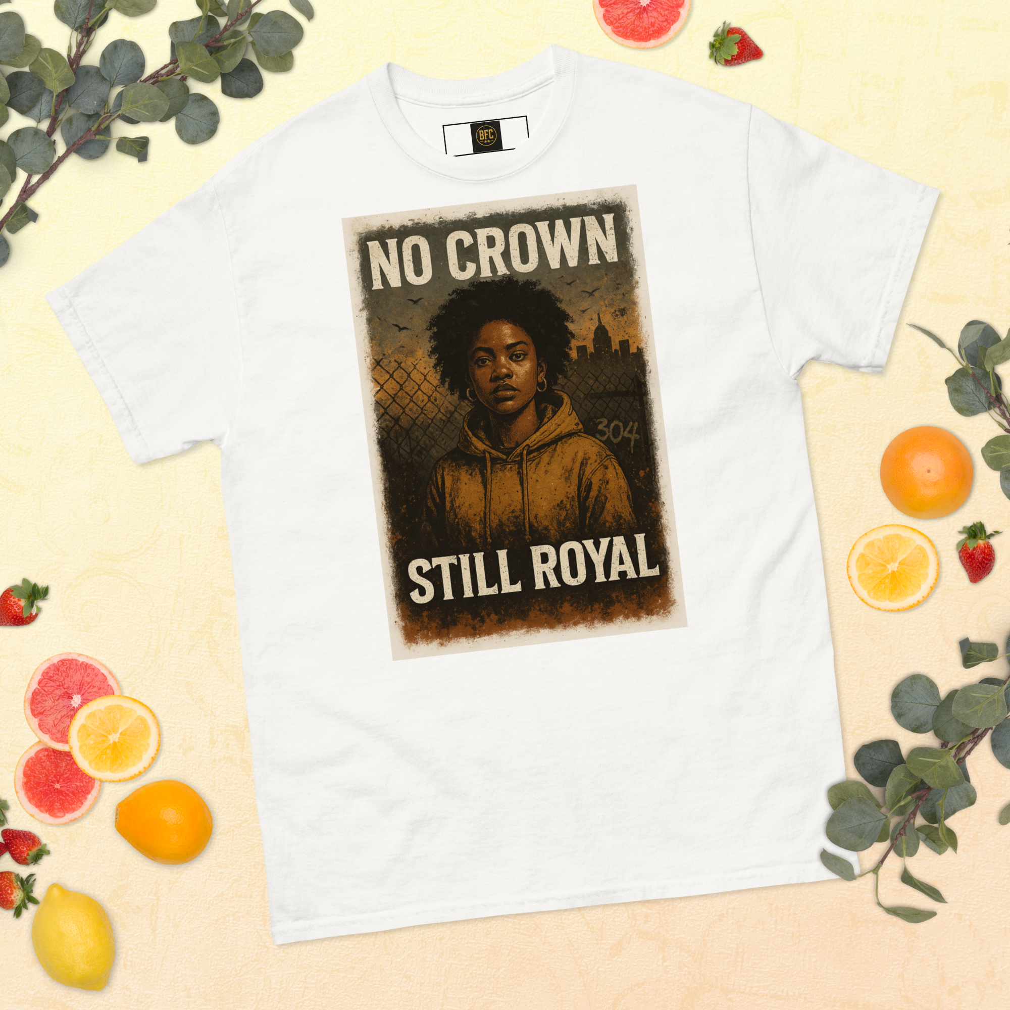 No Crown, Still Royal (Powerful Woman of Color) – Cotton Empowerment T-Shirt for Black Women, Vintage Poster Style Graphic Tee with Inner Strength and Self-Worth Message