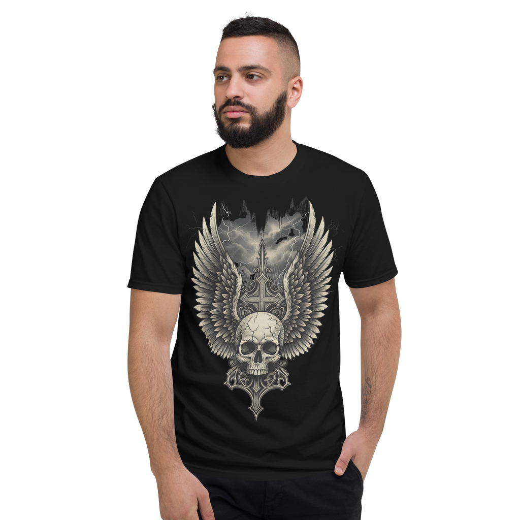 Wings of the Fallen – Thick Cotton Short-Sleeve T-Shirt for Men and Women, Skull and Wings Graphic Tee with Warrior Mindset, Gothic Streetwear for Storm Survivors and Fighter Spirits