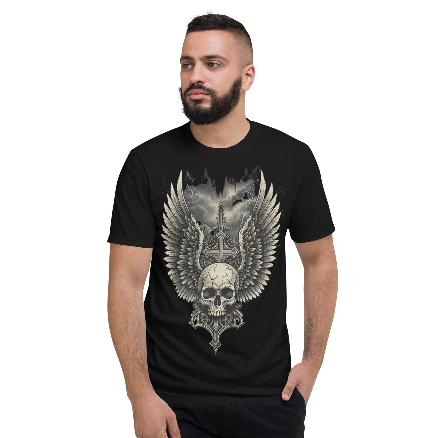 Wings of the Fallen – Thick Cotton Short-Sleeve T-Shirt for Men and Women, Skull and Wings Graphic Tee with Warrior Mindset, Gothic Streetwear for Storm Survivors and Fighter Spirits