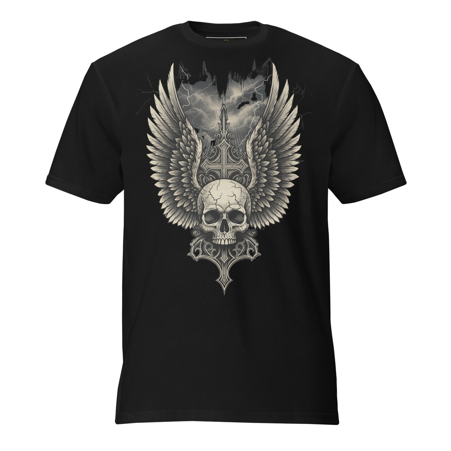 Wings of the Fallen – Thick Cotton Short-Sleeve T-Shirt for Men and Women, Skull and Wings Graphic Tee with Warrior Mindset, Gothic Streetwear for Storm Survivors and Fighter Spirits