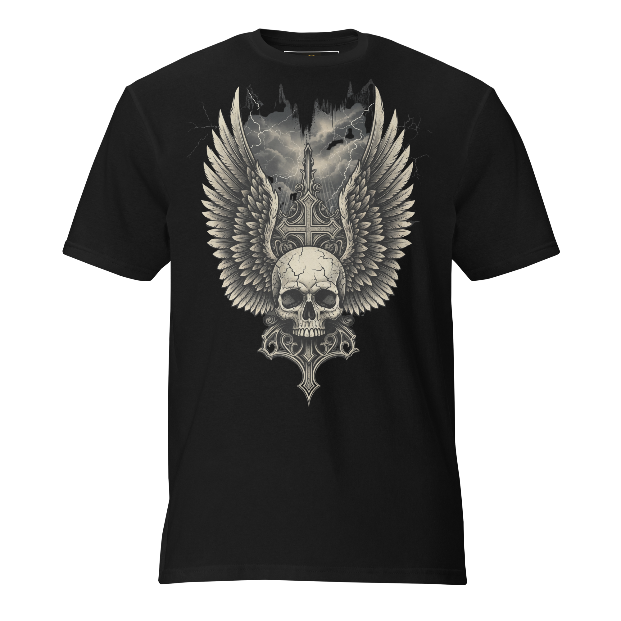 Wings of the Fallen – Thick Cotton Short-Sleeve T-Shirt for Men and Women, Skull and Wings Graphic Tee with Warrior Mindset, Gothic Streetwear for Storm Survivors and Fighter Spirits