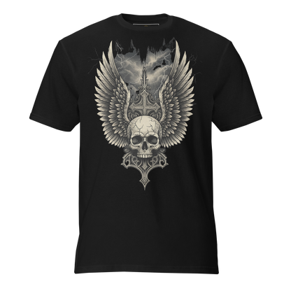 Wings of the Fallen – Thick Cotton Short-Sleeve T-Shirt for Men and Women, Skull and Wings Graphic Tee with Warrior Mindset, Gothic Streetwear for Storm Survivors and Fighter Spirits