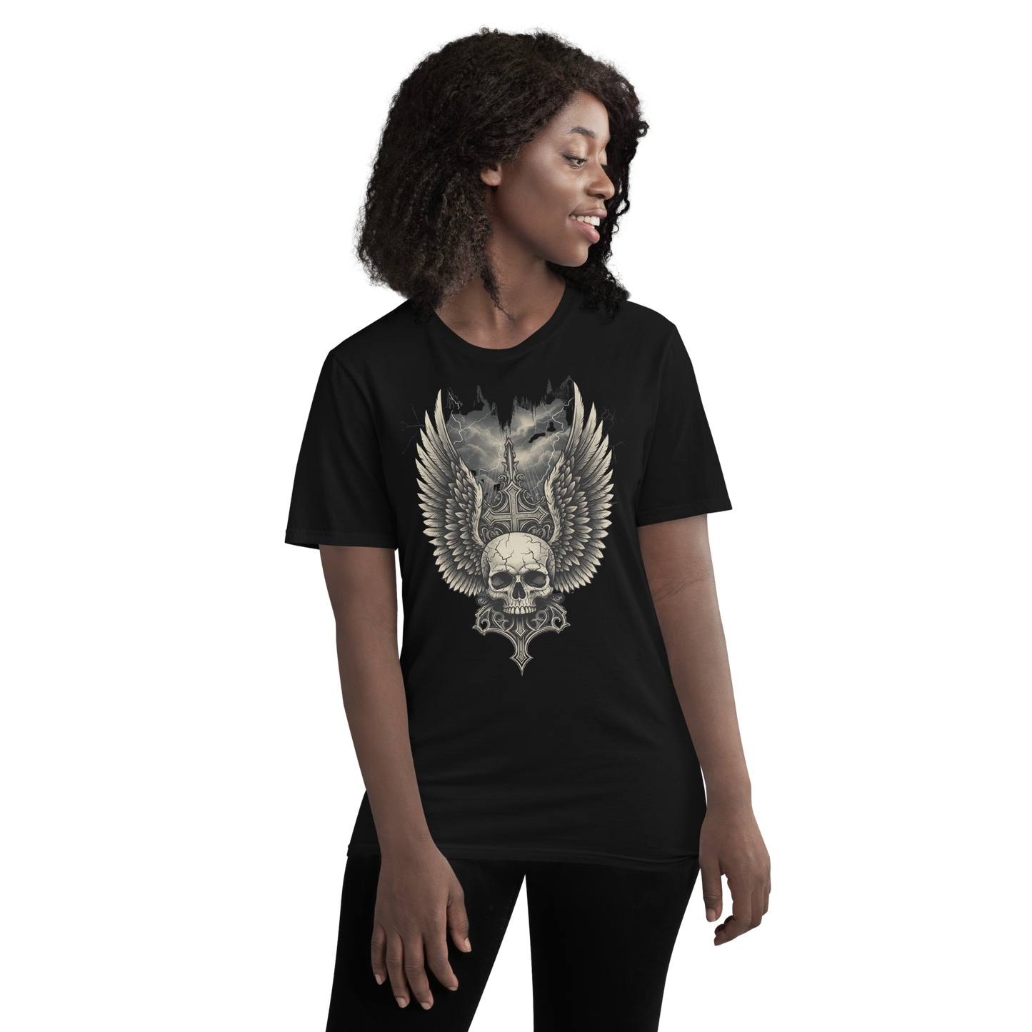Wings of the Fallen – Thick Cotton Short-Sleeve T-Shirt for Men and Women, Skull and Wings Graphic Tee with Warrior Mindset, Gothic Streetwear for Storm Survivors and Fighter Spirits