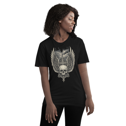 Wings of the Fallen – Thick Cotton Short-Sleeve T-Shirt for Men and Women, Skull and Wings Graphic Tee with Warrior Mindset, Gothic Streetwear for Storm Survivors and Fighter Spirits