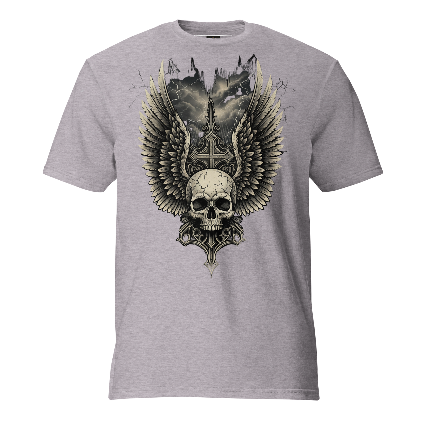 Wings of the Fallen – Thick Cotton Short-Sleeve T-Shirt for Men and Women, Skull and Wings Graphic Tee with Warrior Mindset, Gothic Streetwear for Storm Survivors and Fighter Spirits