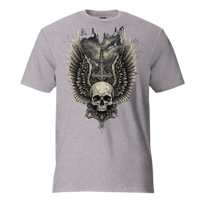 Wings of the Fallen – Thick Cotton Short-Sleeve T-Shirt for Men and Women, Skull and Wings Graphic Tee with Warrior Mindset, Gothic Streetwear for Storm Survivors and Fighter Spirits