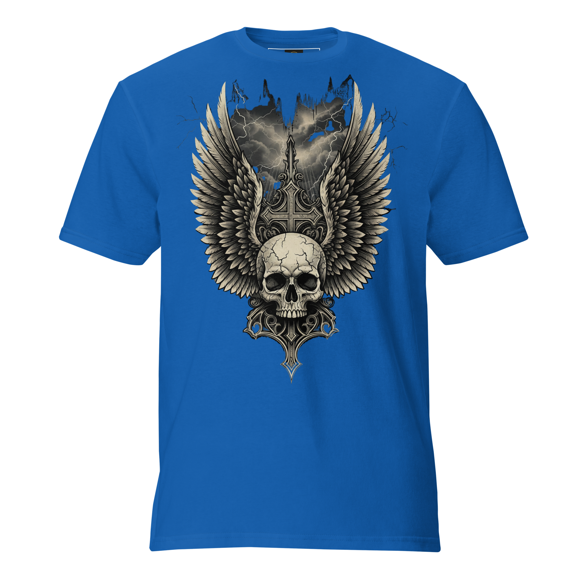 Wings of the Fallen – Thick Cotton Short-Sleeve T-Shirt for Men and Women, Skull and Wings Graphic Tee with Warrior Mindset, Gothic Streetwear for Storm Survivors and Fighter Spirits
