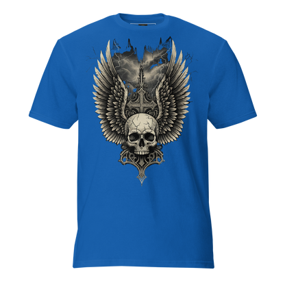 Wings of the Fallen – Thick Cotton Short-Sleeve T-Shirt for Men and Women, Skull and Wings Graphic Tee with Warrior Mindset, Gothic Streetwear for Storm Survivors and Fighter Spirits