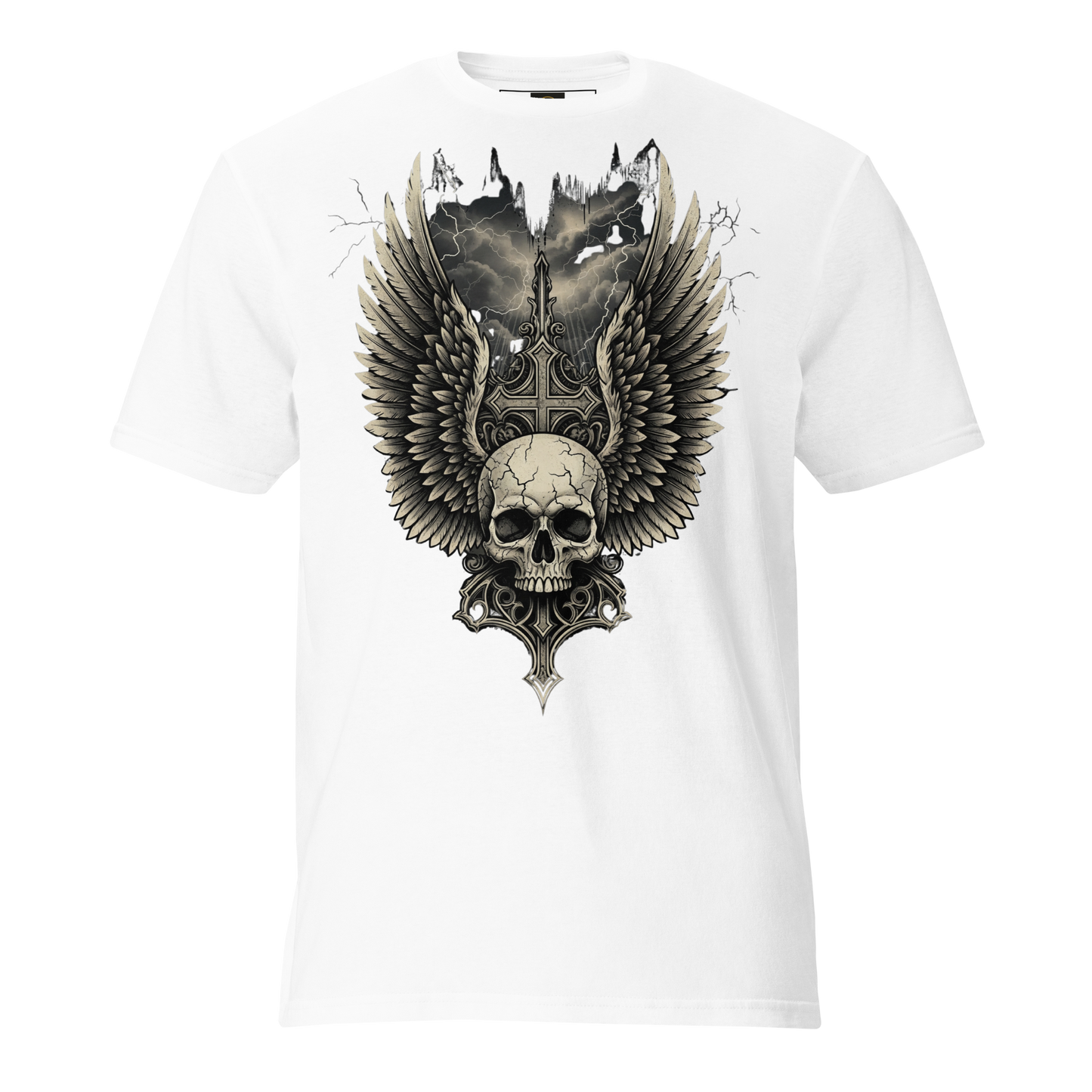 Wings of the Fallen – Thick Cotton Short-Sleeve T-Shirt for Men and Women, Skull and Wings Graphic Tee with Warrior Mindset, Gothic Streetwear for Storm Survivors and Fighter Spirits
