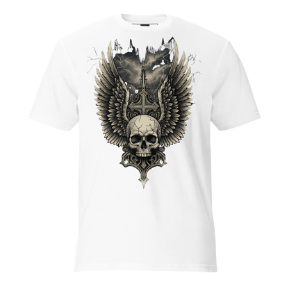 Wings of the Fallen – Thick Cotton Short-Sleeve T-Shirt for Men and Women, Skull and Wings Graphic Tee with Warrior Mindset, Gothic Streetwear for Storm Survivors and Fighter Spirits
