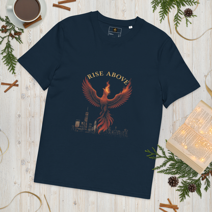 Rise Above – Empowering Cotton Graphic Tee for Women, Motivational Streetwear with Phoenix and Skyline Design, Resilient Rebirth Statement Apparel