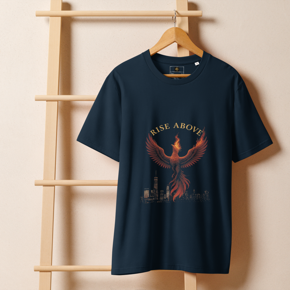 Rise Above – Empowering Cotton Graphic Tee for Women, Motivational Streetwear with Phoenix and Skyline Design, Resilient Rebirth Statement Apparel