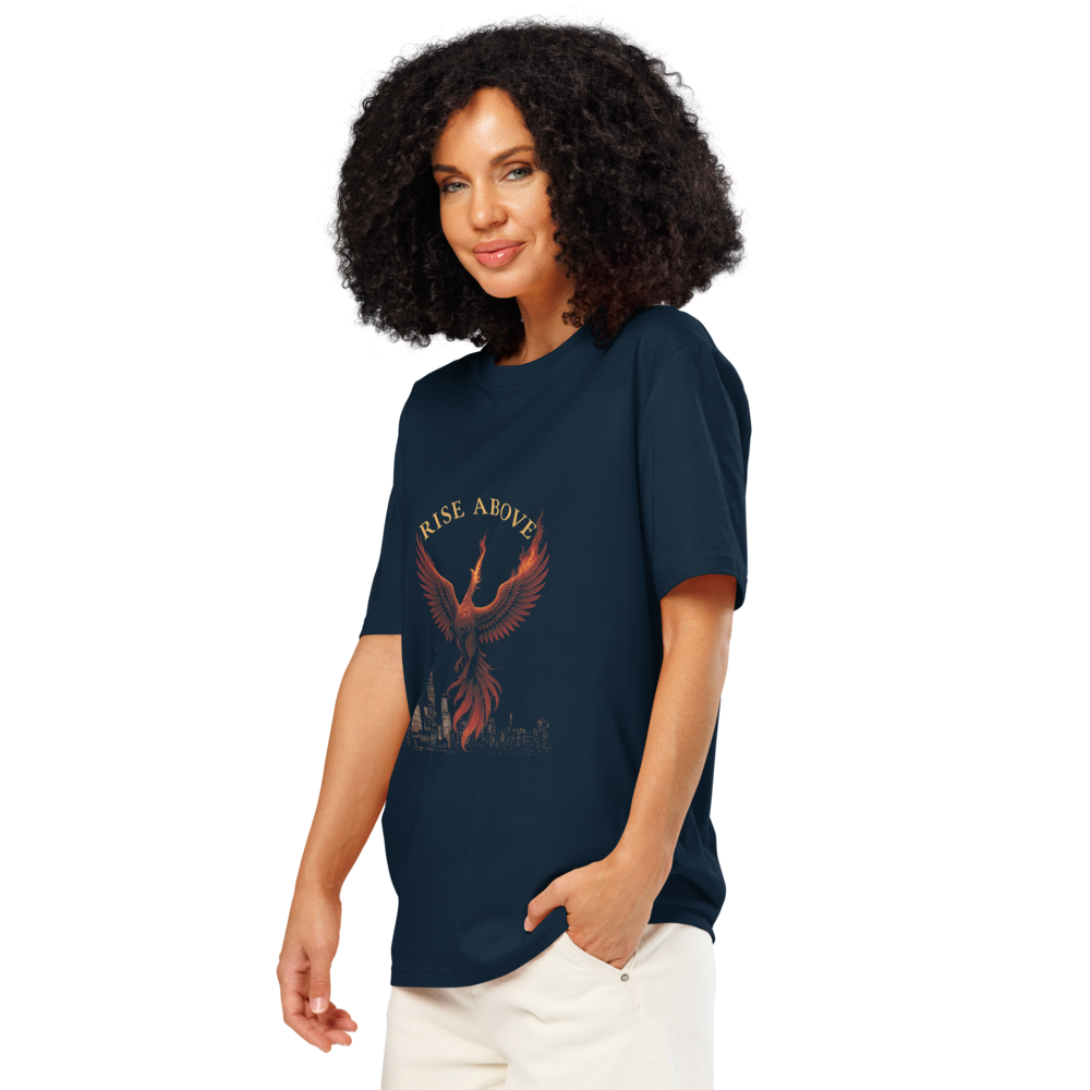 Rise Above – Empowering Cotton Graphic Tee for Women, Motivational Streetwear with Phoenix and Skyline Design, Resilient Rebirth Statement Apparel