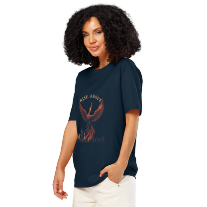 Rise Above – Empowering Cotton Graphic Tee for Women, Motivational Streetwear with Phoenix and Skyline Design, Resilient Rebirth Statement Apparel