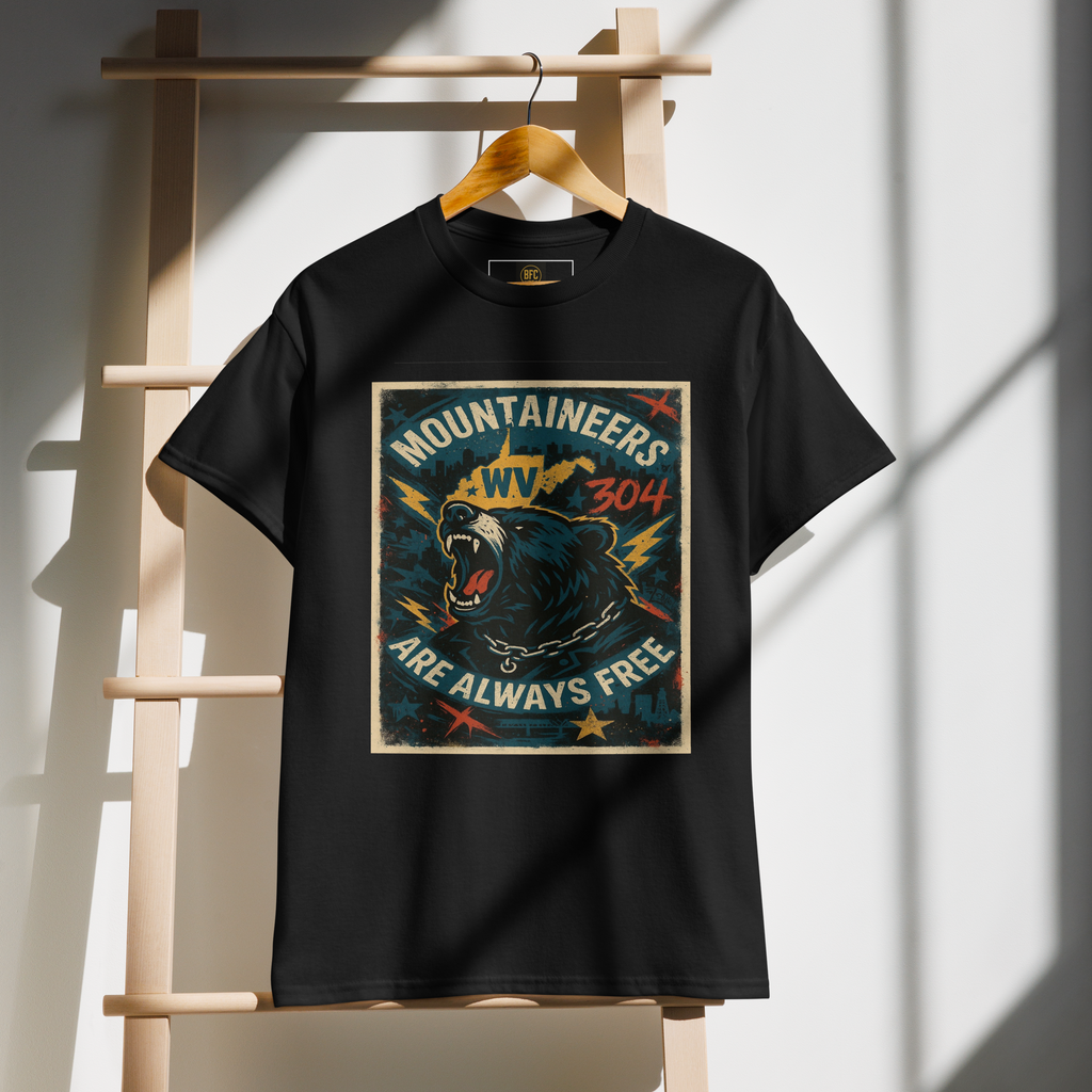 Mountaineers Are Always Free – West Virginia Cotton T-Shirt for Men and Women, Bear Graphic Freedom Tee, 304 Pride Streetwear with Appalachian Resilience Design