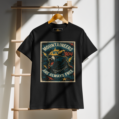 Mountaineers Are Always Free – West Virginia Cotton T-Shirt for Men and Women, Bear Graphic Freedom Tee, 304 Pride Streetwear with Appalachian Resilience Design