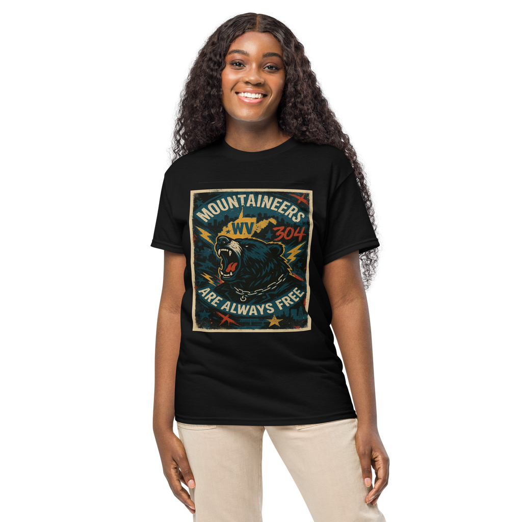 Mountaineers Are Always Free – West Virginia Cotton T-Shirt for Men and Women, Bear Graphic Freedom Tee, 304 Pride Streetwear with Appalachian Resilience Design